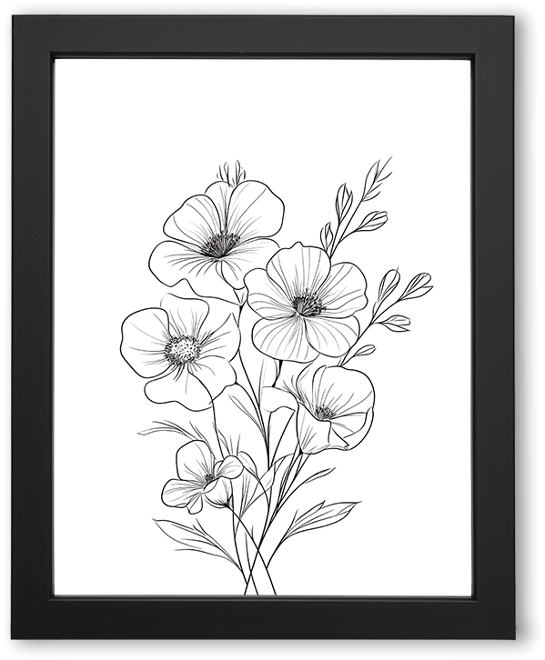 A minimalist black-and-white line illustration of wildflowers, featuring delicate stems, buds, and open blooms. Clean contours and fine details create an airy, elegant botanical composition against a white background.