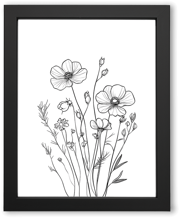 A minimalist black-and-white line illustration of wildflowers, featuring delicate stems, buds, and open blooms. Clean contours and fine details create an airy, elegant botanical composition against a white background.