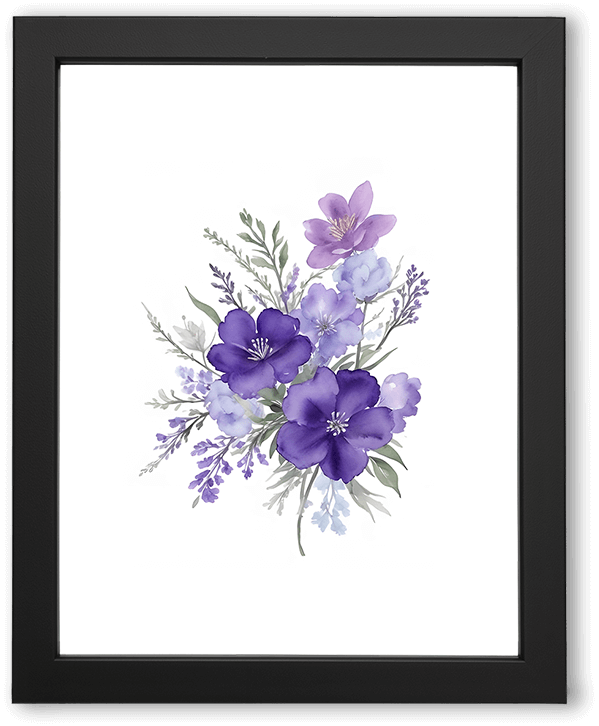 A delicate watercolor bouquet of purple and lavender flowers, layered with soft green foliage, floating against a clean white background. The composition feels airy, elegant, and serene, with translucent petals and gentle botanical detail.